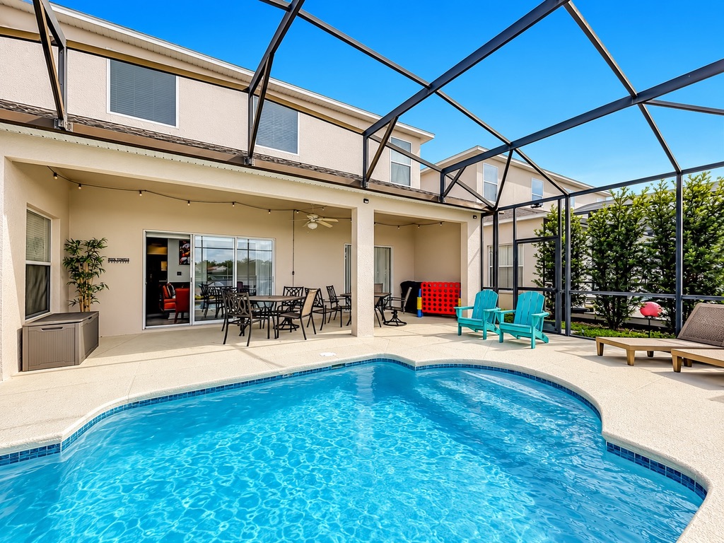 Private pool with seating and outdoor games